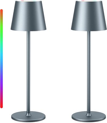 LED настільна лампа Qsky бездротова диммируемая з акумулятором, тепле світло 3000K+RGB, водонепроникна (IP54) з алюмінію, для дому та на вулицю (2 шт. срібляста + 2 шт. сіра)