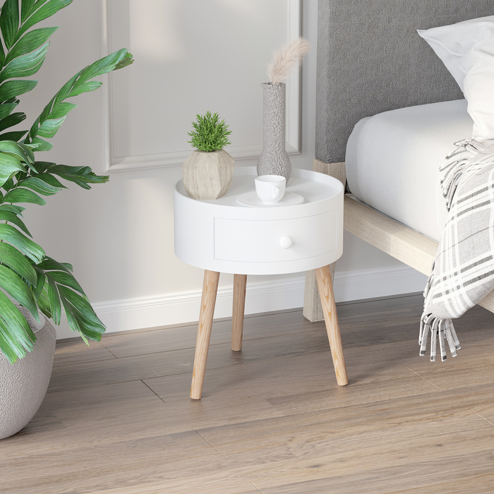 HOMCOM Coffee Table with Drawer, Round Side Table, Coffee Table with a Load Capacity of up to 50 kg, 38x38x45cm in White for Living Room & Bedroom
