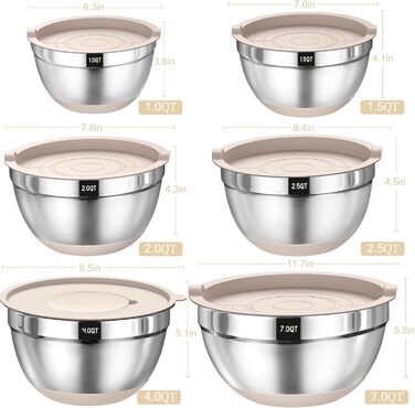Mixing Bowl Set of 6, Stainless Steel Bowls with Airtight Lid & Silicone Bottom, 3 Grater Attachments, Bowl Set for Baking/Serving, 6.6 L/3.8 L/2.4 L/1.9 L/1.4 L/0.6 L - Khaki