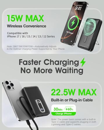 Power Bank MagSafe 10000mAh з USB-C кабелем, 22.5W, бездротова зарядка для iPhone 17/16/15/14/13/12 Max/Pro/Plus (Сірий)