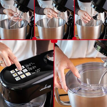 Кухонна машина Lehmann з дисплеєм, 12 швидкостей, функція ферментації з підігрівом, вбудована вага, таймер, міксер з 3 насадками та 5л чашею