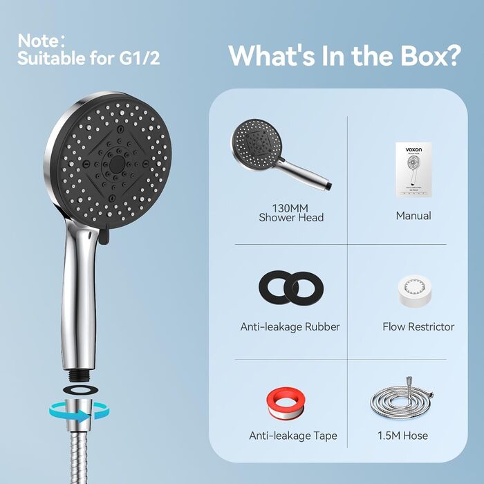 Насадка для душу VOXON з 10 режимами, високий тиск, економія води, фільтр, шланг (10 режимів)