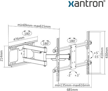 Кронштейн для ТБ Xantron® Strongline похилий 37-75 дюймів, VESA 100x100 - 600x400, до 75 кг, мінімальна відстань від стіни + комплект кріплень
