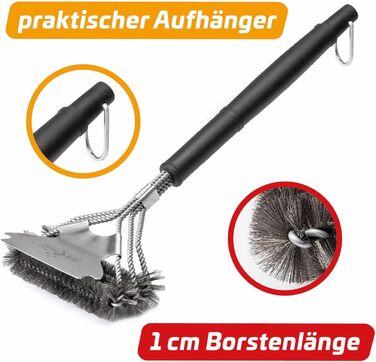 3X Grillfürst Premium Grill Brush with Brass Bristles, 45 cm - Grill Cleaning Brush for Grill Grates, Grill Grate Brush with Wide 3-Section Brush Head and Scraper (Stainless Steel with Scraper)