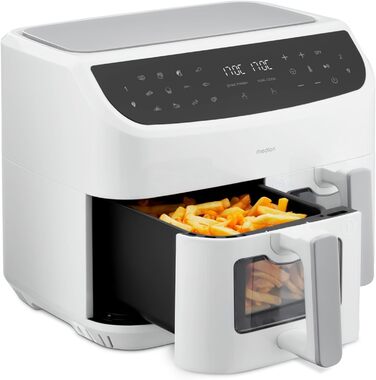 Аерофритюрниця MEDION P20 XXL з двома камерами, 8,7 л, 2600 Вт, подвійна, 9 програм, 2 шухляди, оглядове вікно, Dual Cook, Sync-Finish, біла