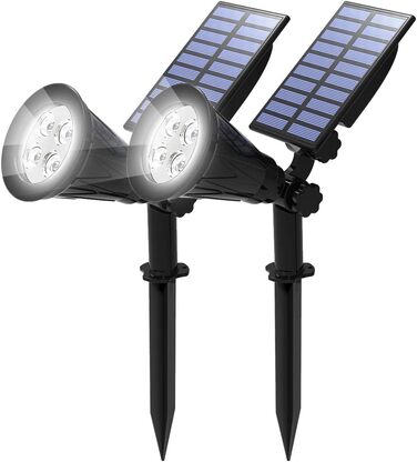 T-SUN LED Solar Spotlights, 2 Pack 4 LED Solar Garden Lights, Bright Garden Light, 2 Lighting Modes, Safety Lighting, Large Outdoor Light for Lawn, Paths, Terrace (Cool White 6000K)