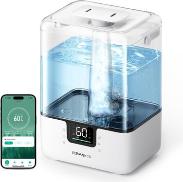 Зволожувач повітря EZBASICS Smart з верхнім заповненням 6L, 360° поворотна насадка, зволожувач та аромадифузор для дитячої кімнати, рослин, з програмою та голосовим керуванням, 1 упаковка + 7 нічників