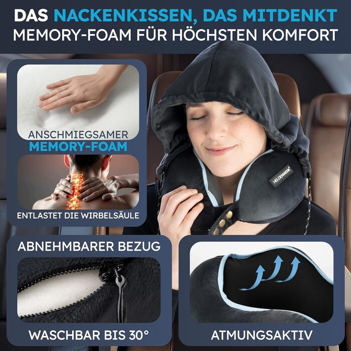 Подушка для шиї Comfy від HELDENWERK для подорожей літаком/автомобілем - Memory Foam, 6-позиційне регулювання, для дорослих, чорна