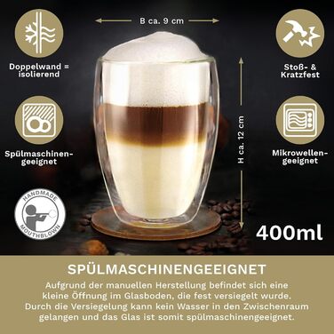 Creano Double-Walled XXL Insulated Glass 400ml, Extra Large Heat-Resistant Coffee/Tea/Latte Macchiato Glass Made of Borosilicate Glass, Set of 4