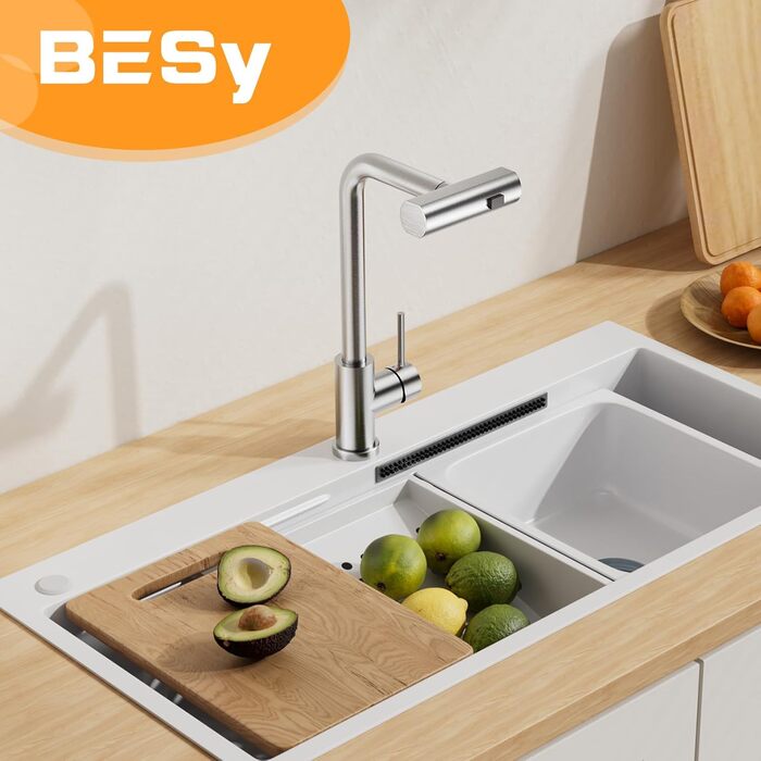 Кухонний змішувач BESy з 3 режимами струменя, висувна лійка, водоспад, поворотний на 360°, з нержавіючої сталі SUS304, для кухні