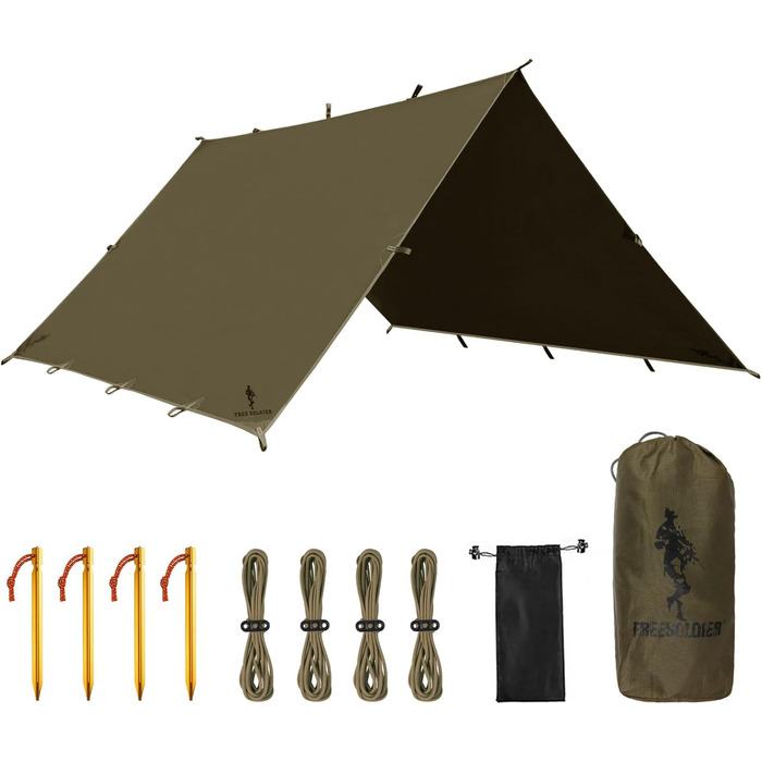 FREE SOLDIER 3x3.2m Waterproof Tarp - Ultralight Tent Shelter for Camping, Hiking & Outdoor Activities (Military Green)