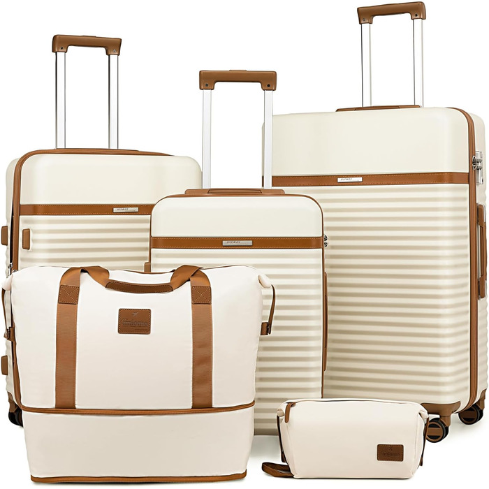 Набір валіз Joyway 5шт з ABS пластику, розширюваний, з TSA-замком. Включає: валізу-тролі, 1 велику сумку та 1 косметичку. Білий набір валіз