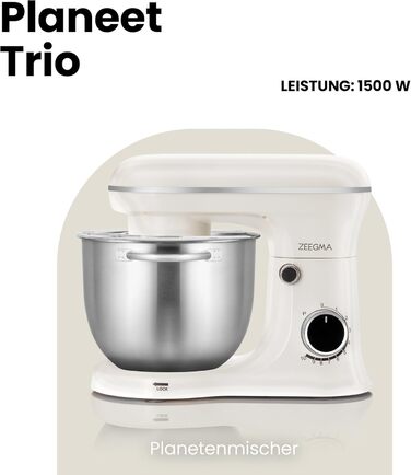 Кухонний комбайн ZEEGMA PLANEET TRIO: планетарний робот, 1500 Вт, 3 чаші (4 л, 4,5 л, 5,2 л), 10 швидкостей, міксер з гаками та вінчиком, кришка з мірним стаканом