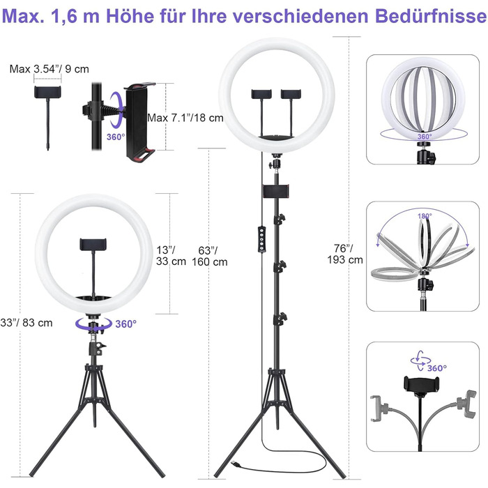 Ринг-лампа 13 дюймів з штативом, кліп для планшета та 2 тримачами для телефону, 3000-6000K, 10 рівнів яскравості, музичні режими, 100 RGB-режимів, LED для селфі, TikTok, Vlog, YouTube, Facebook відео, багато кольорів