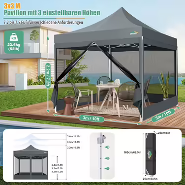 COBIZI Pavilion 3x3m Foldable, Waterproof & Winter-Proof – Stable Garden Tent with 23mm Steel Pipe, UV50+ and Mosquito Nets for Camping/Parties + Carry Bag (Gray, 3mx3m)