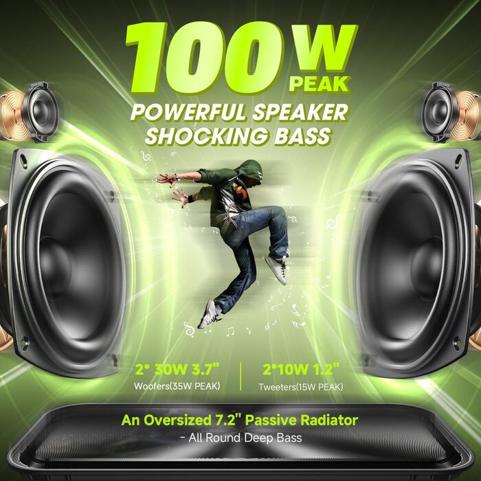 W-KING Bluetooth колонка 100W (60W) IPX6, портативна, глибокий бас, до 40 годин, TF/AUX/EQ, зелена