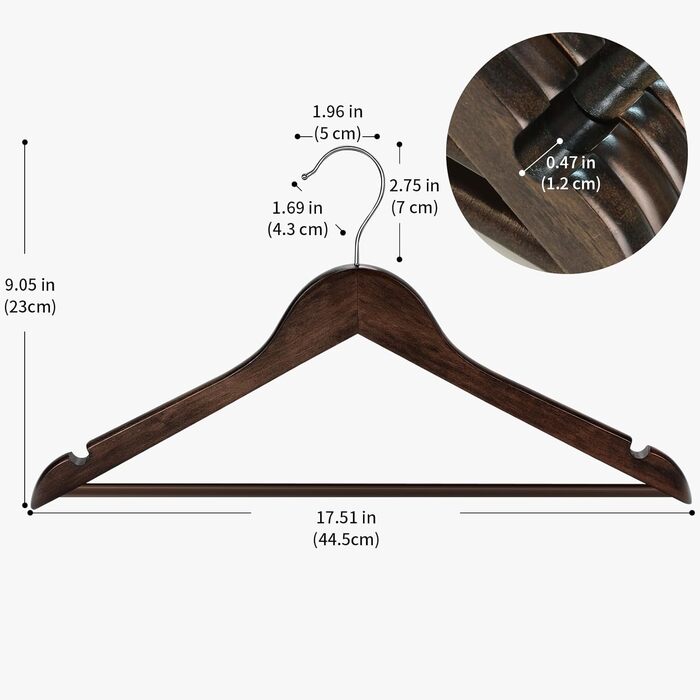 ABHENG Clothes Hangers, Wood, 20 Pieces, Wooden Hangers with Non-Slip Trouser Bar and 360° Swivel Hook, Shoulder Notches, Made from Natural Wood, Dark Walnut Color, AWY0320H