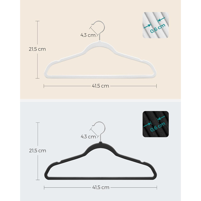 Плечики SONGMICS для одягу, 20 шт., велюрові, для сорочок, курток, костюмів, 41,5 см, обертовий гачок, чорний/білий, CRF026R20