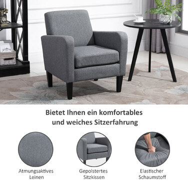 HOMCOM Armchair Single Chair with Cushion, Wooden Feet, Linen Fabric, Light Grey, 66x72x74cm | Aosom