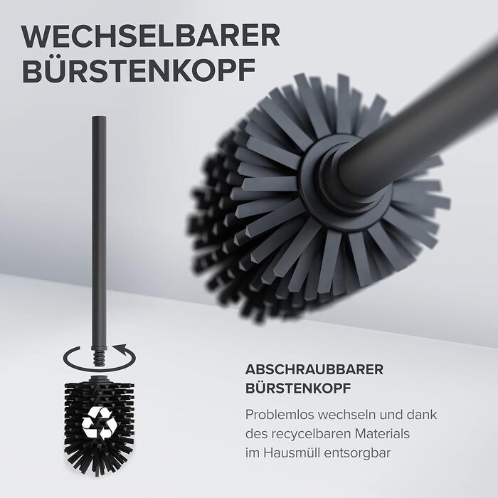 Настінна щітка для туалету Ovimar Finnkona чорного кольору з кріпленням без свердління, силіконова головка, функція вентиляції, для кріплення, з порошковим покриттям з нержавіючої сталі, змінна головка