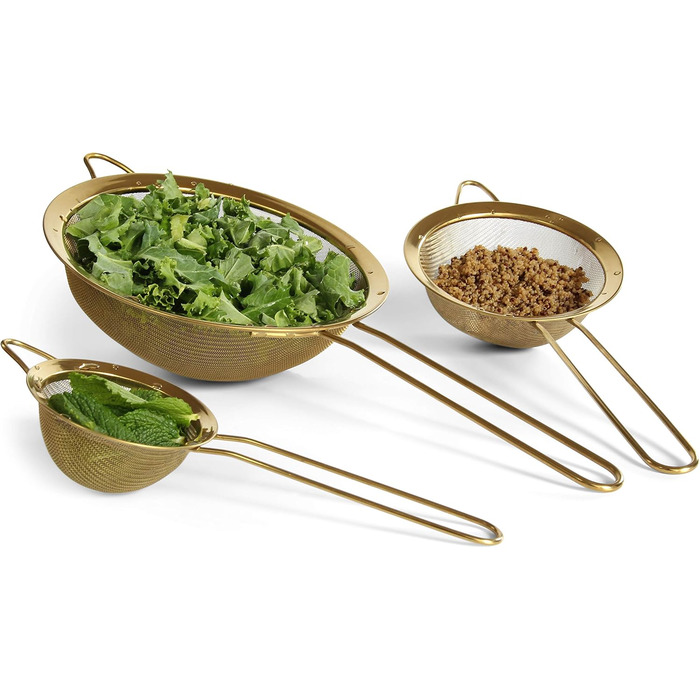 Proto Future High-Quality Kitchen Sieves Set, Fine Mesh - 8.5/14/20cm - Premium 304 Stainless Steel - Durable Sieves in Golden Color, Sieve Set for the Kitchen