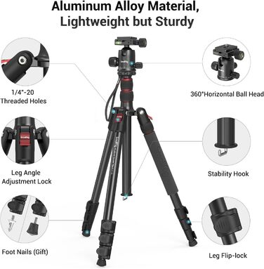SMALLRIG 71' Штатив для камери, розкладний, з кульковою головкою 360°, швидкознімною платформою та кріпленням для смартфона, вантажопідйомність 15 кг, 180 см - 3935