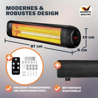 Інфрачервовий обігрівач MONZANA® MZH2501 з таймером, 2500W, 3 режими, 24 год, пульт ДУ, кут нахилу 90°, електричний, для тераси, чорний
