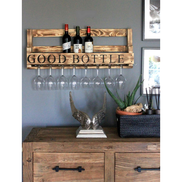 Wooden Wall-Mounted Wine Rack - with Glass Holder and VINO Sign - Flamed - Fully Assembled - Shelf for Wine Bottles and Glasses (Brown / Flamed (with Black Good Bottle Sign))