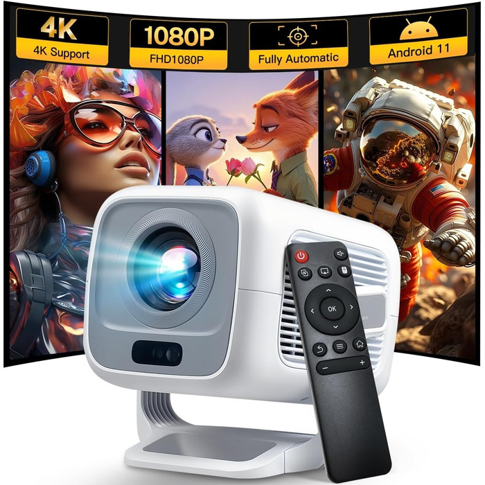 Портативний проєктор LYNCAST з Wi-Fi, Bluetooth та Android 11: 1080P/4K, обертання 180°, для дому та на вулиці (LumeCube 300 White)