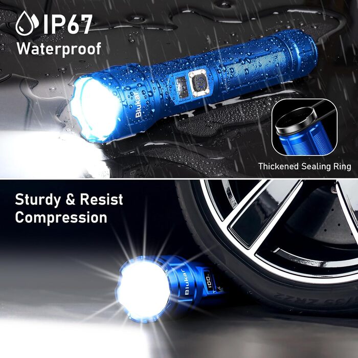 Ліхтар LED Blukar, перезарядна, надяскравий, з функцією зуму, 5 режимів, водонепроникний IP67, для кемпінгу та активного відпочинку (блакитний)