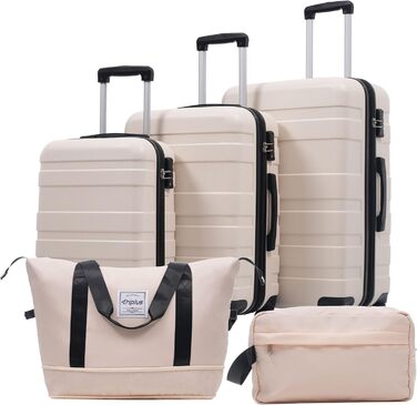 Набір валіз Merax 5 шт. (M-L-XL) з ABS-пластику, TSA-замок, розширювані, з сумкою та косметичкою, Бежевий + Чорний