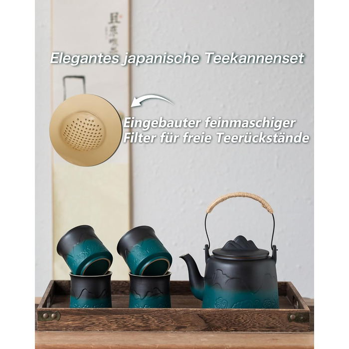 ZENS Design Japanese Teapot, 1000ml Gradient Embossed Japanese Ceramic Teapot with Built-in Strainer and Hemp Rope Handle for Loose Leaf Tea Steeper, Gift for Tea Lovers, Black & Bean Green (Black & Green, 1000ml Teapot & 4 of 200ml Cups)