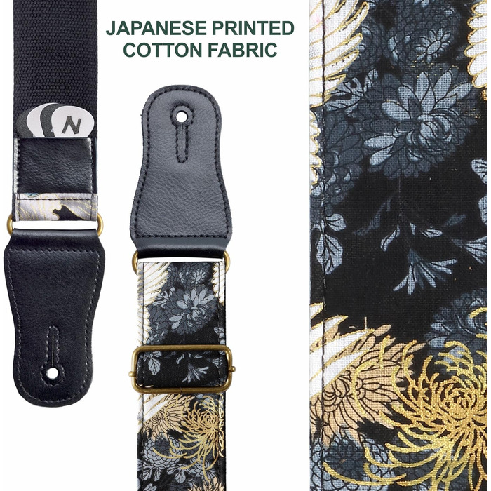 Японський гітарний ремінь Nefelibata з бавовни для акустичної гітари, укулеле, адаптер для голівки грифа в подарунок, медіатор та замок для ремінця. Регулювання від 38' до 64'. Дизайн: Хризантеми