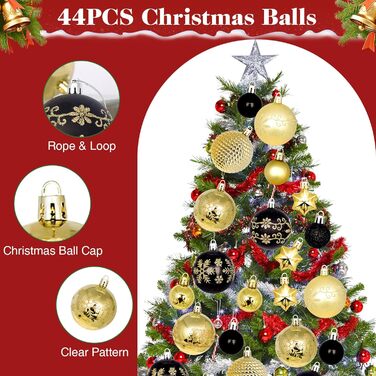 44 штуки новорічних кулі пластикові, прикраси для ялинки, набір кульок для ялинки, персоналізовані новорічні кулі білі та червоні, ялинковий декор, новорічний декор для дому та вулиці білий та червоний (золотий та чорний)