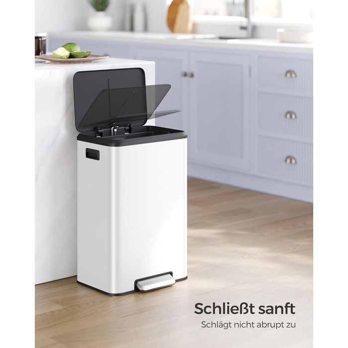 SONGMICS Відро для сміття кухонне, 40 літрів, з кришкою, з педаллю, Softclose, утримання кришки, біле LTB541E40