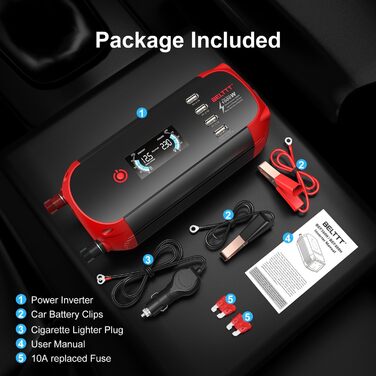 Автомобільний інвертор BELTTT 500W 12В-230В, 1000Вт пік, з LCD-дисплеєм, 4 USB, розетка EU для авто, кемпінгу, човна