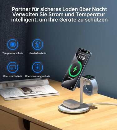 3-в-1 Індукційна зарядка для декількох пристроїв: iPhone 15/14, iWatch, AirPods, білий (блакитний)