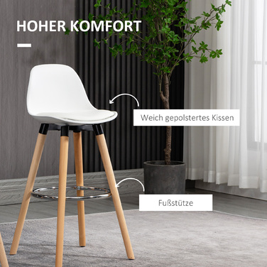 HOMCOM 2-Piece Bar Stool Set, Kitchen Stool, Bar Chair with Footrests, Faux Leather, White, 38.5 x 42.5 x 91 cm for Dining Room, Kitchen