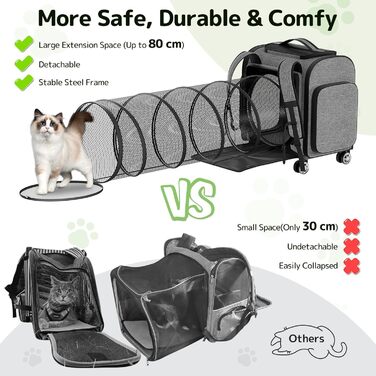 Рюкзак-переноска для котів Pawtners з розширюваним тунелем для ігор, рюкзак для домашніх тварин, схвалений авіакомпаніями, для маленьких собак та великих котів до 11,3 кг, складаний рюкзак для котів (сірий з колесами, 40 x 33 x 41 см)