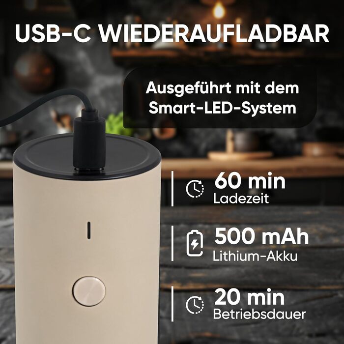 Electric Pepper and Salt Grinder Set - 75 ml Beige Edition - USB-C Rechargeable - 6 Adjustable Grind Sizes - Stylish Beige Stainless Steel Design with LED Light