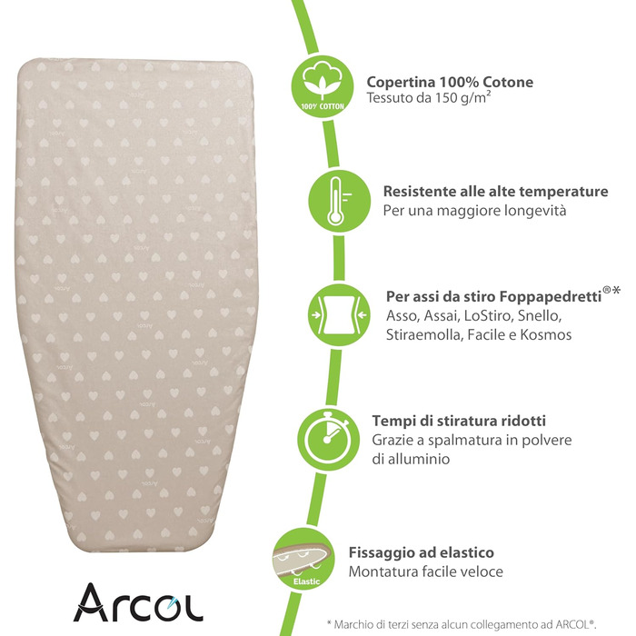 Чохол для прасувальної дошки Arcol з гумкою, сумісний з Foppapedretti, Італія, 100% бавовна, бежевий з білими серцями