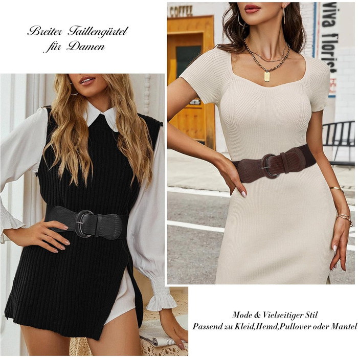 Жіночий широкий еластичний пояс JasGood 2 шт. для суконь та піджаків, ремінь для талії, чорний/кава, розмір M (76-90 см), L (91-105 см)