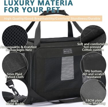 Транспортна переноска для котів та собак Petsfit, чорна, 47.5L x 33B x 33H см, з м'яким розкладним килимком та плечовим ременем