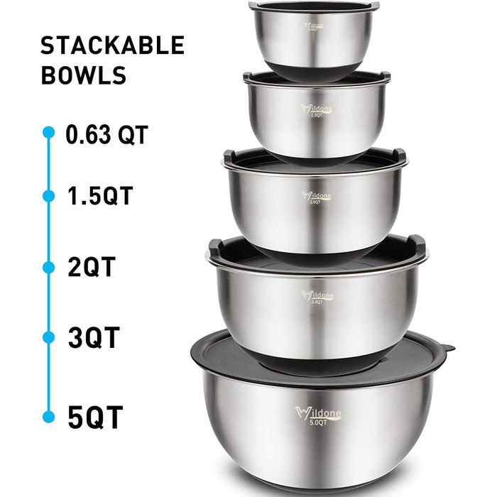 Mixing Bowls 5-Piece Set, Wildone Stainless Steel with Airtight Lids, 3 Grater Attachments, Measuring Markings, and Non-Slip Bottoms, Sizes 5, 3, 2, 1.5, 0.63 QT, ideal for mixing and serving