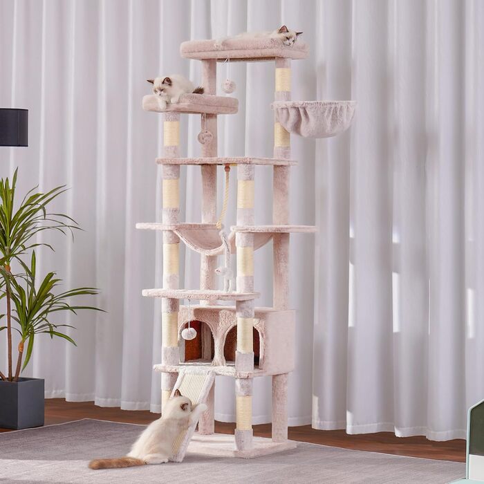 Багатоповерховий котячий будиночок Heybly Kratzbaum HCT033G, бежевий, 200 см, з 11 стовпчиками для шліфування, платформами, гамаком, печерою та іграшками