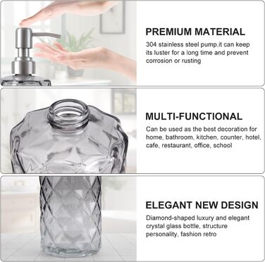 Дозатор мила скляний для ванної кімнати, наповнюваний помповий дозатор для кухні з нержавіючим тримачем, 2 підставки, 330 мл, вінтажний дозатор мила з матовим насосом (сірий)