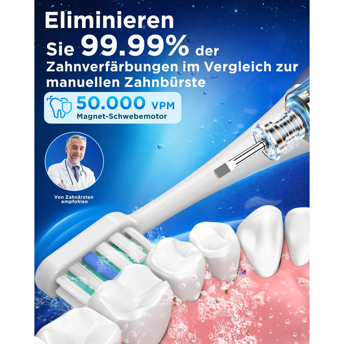 Електрична зубна щітка зі звуковими вібраціями, 8 насадок (3 типи), таймер, 120 днів роботи від акумулятора, 5 режимів чищення, чохол для подорожей, док-станція, фіолетовий колір
