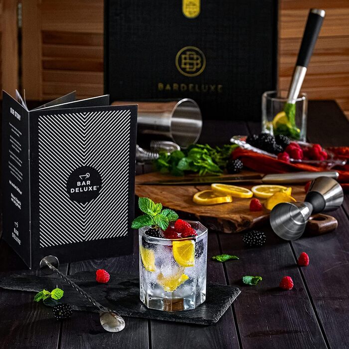 Набір бармена Boston Deluxe® 5 предметів: шейкер, аксесуари, рецепти - 750 мл, нержавіюча сталь, подарунковий