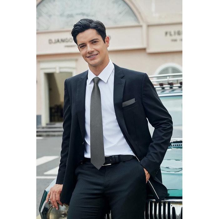 Краватка для чоловіків HISDERN на весілля з кишеньковим хустинкою, класичний візерунок, в клітинку, в горіх, бізнес-краватка та кишеньковий хустинка (Сірий)