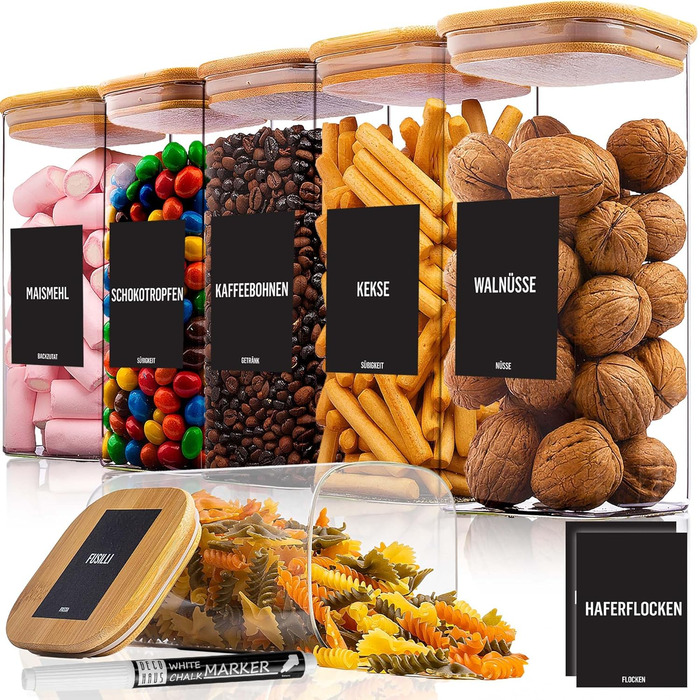 Скляні банки для зберігання Deco haus® з кришкою, набір 6 шт. [+ЕТИКЕТКИ] - 10x21 см